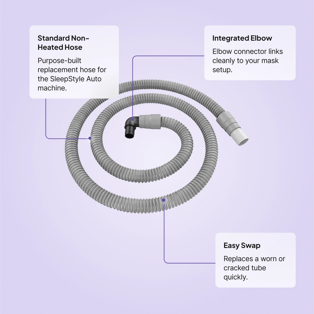 Fisher and Paykel SleepStyle Breathing Tube with Elbow: standard non-heated hose, integrated elbow connector, easy swap for worn or cracked tube.