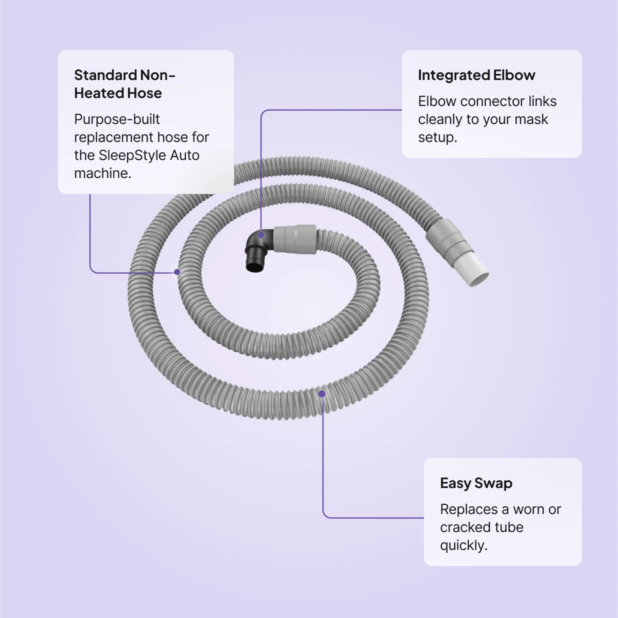 Fisher and Paykel SleepStyle Breathing Tube with Elbow: standard non-heated hose, integrated elbow connector, easy swap for worn or cracked tube.