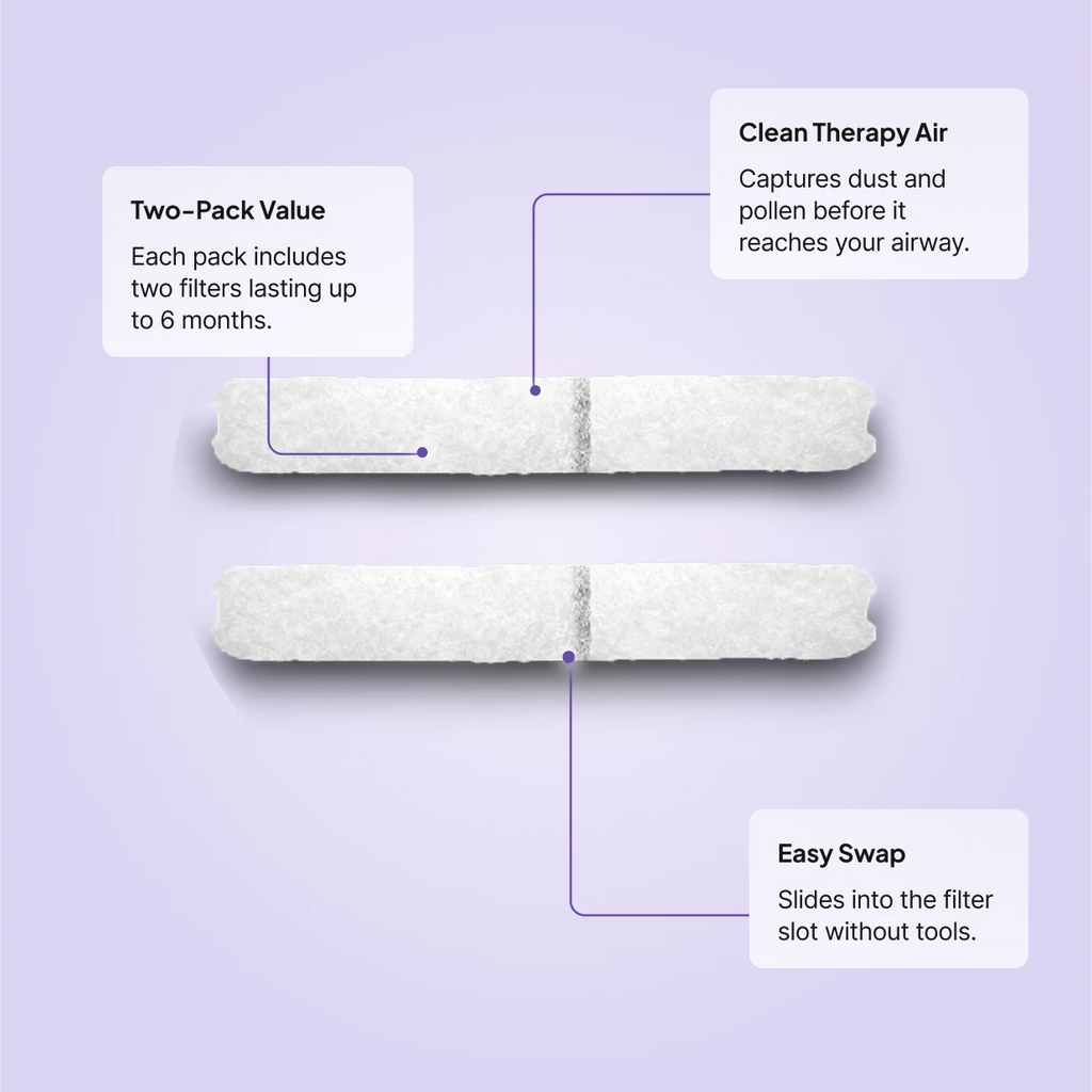 Fisher and Paykel SleepStyle CPAP Filter two-pack: captures dust and pollen, each pack includes two filters lasting up to 6 months, slides in without tools.