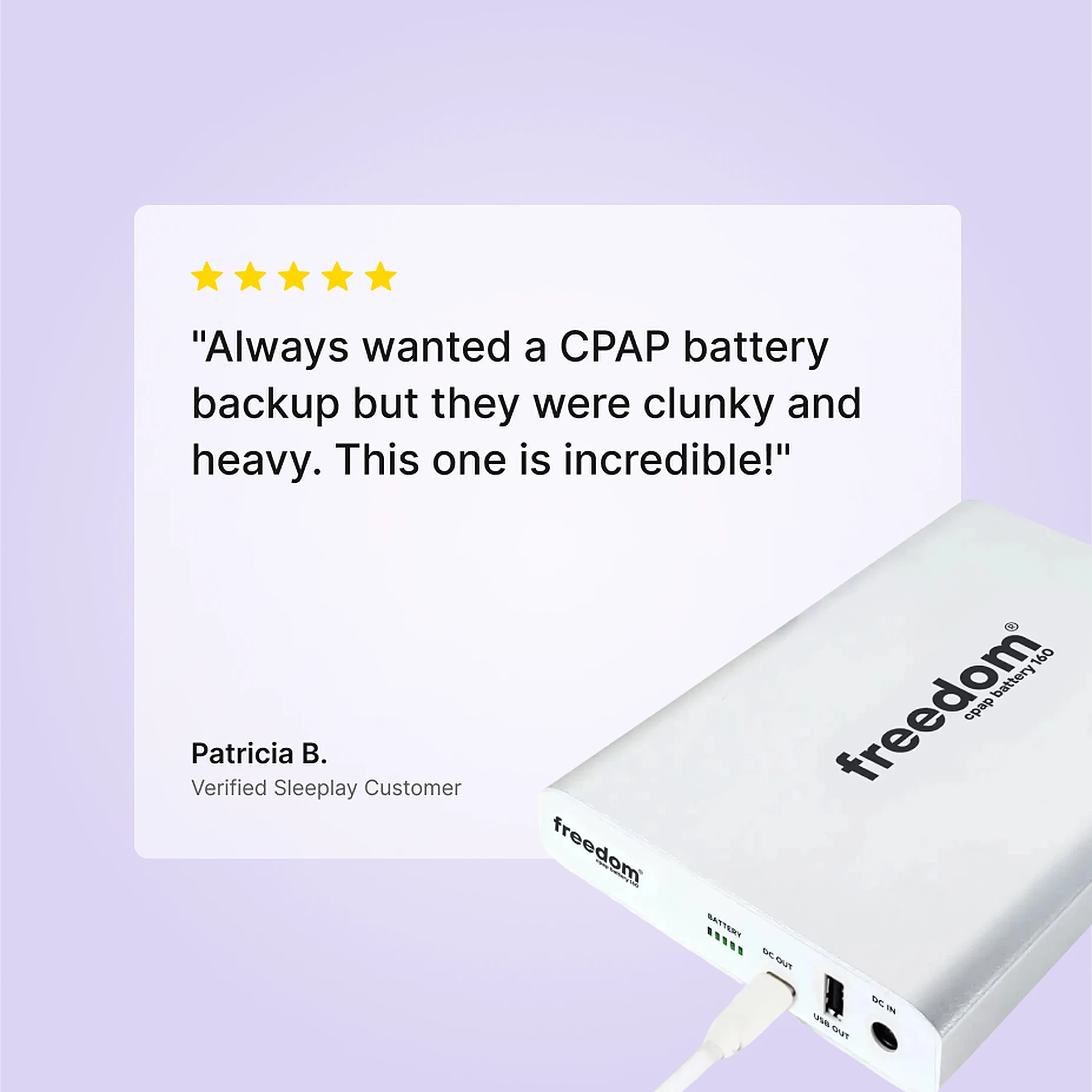 Five-star Sleeplay customer review of the Freedom 160 CPAP battery backup.