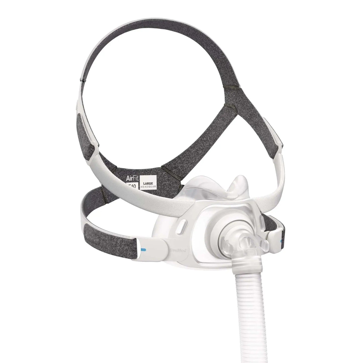 Side view of the ResMed large AirFit F40 mask, showcasing the full-face design for sleep apnea treatment with CPAP machines.