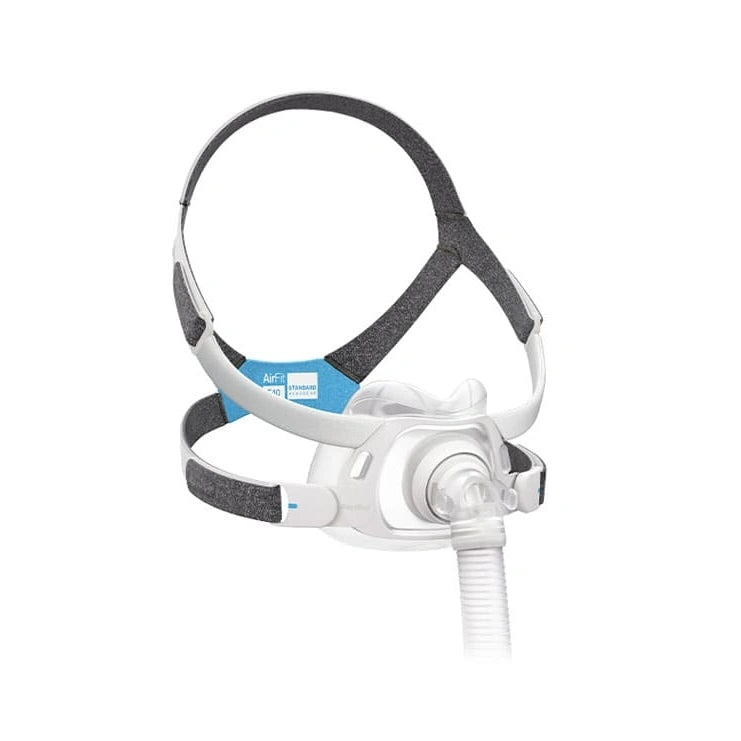 Side view of the ResMed AirFit F40 mask, showcasing the full face design for sleep apnea treatment with CPAP machines