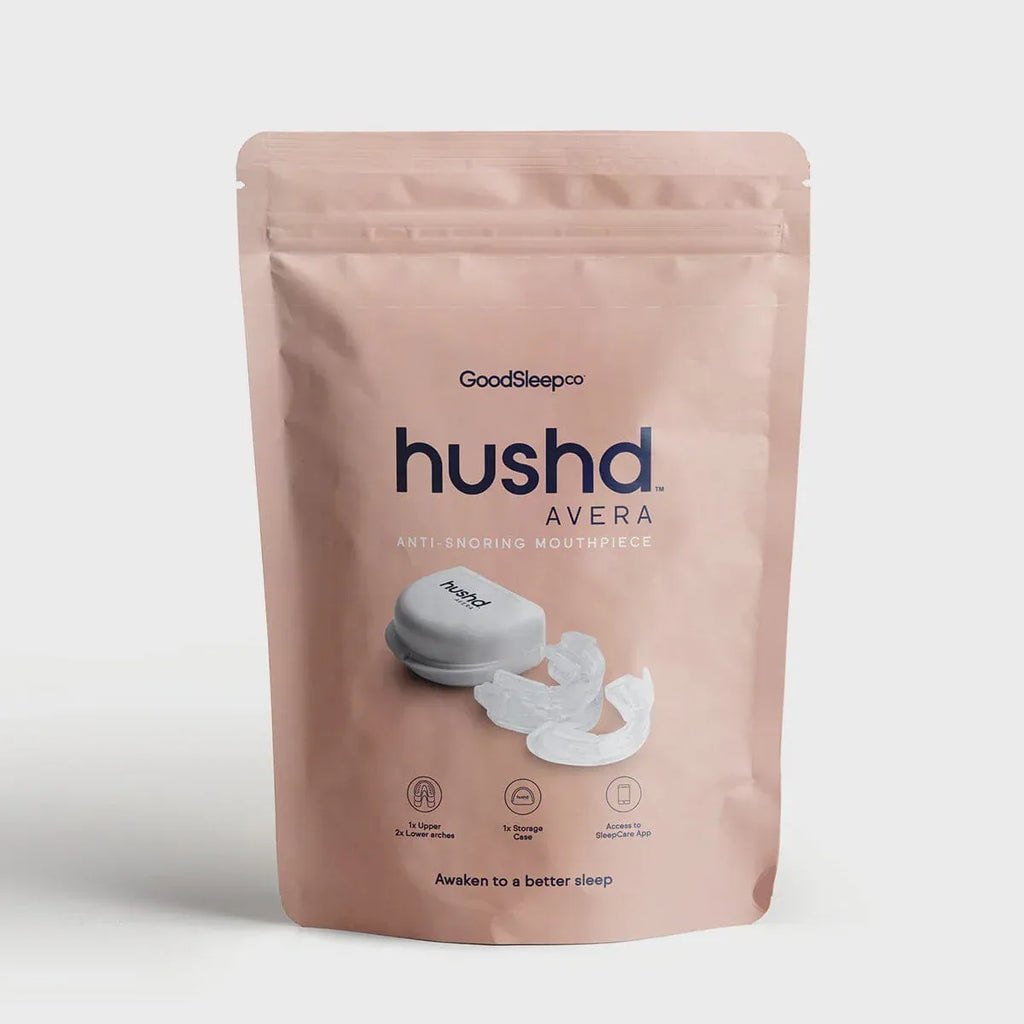 Hushd Avera anti-snoring mouthpiece packaging pouch by Good Sleep Co