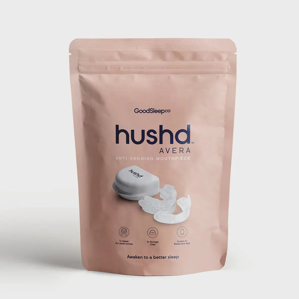 Hushd Avera anti-snoring mouthpiece packaging pouch by Good Sleep Co
