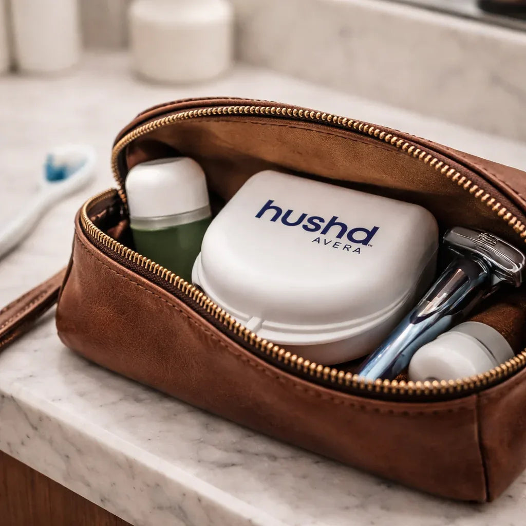 Hushd Avera storage case packed in a travel toiletry bag