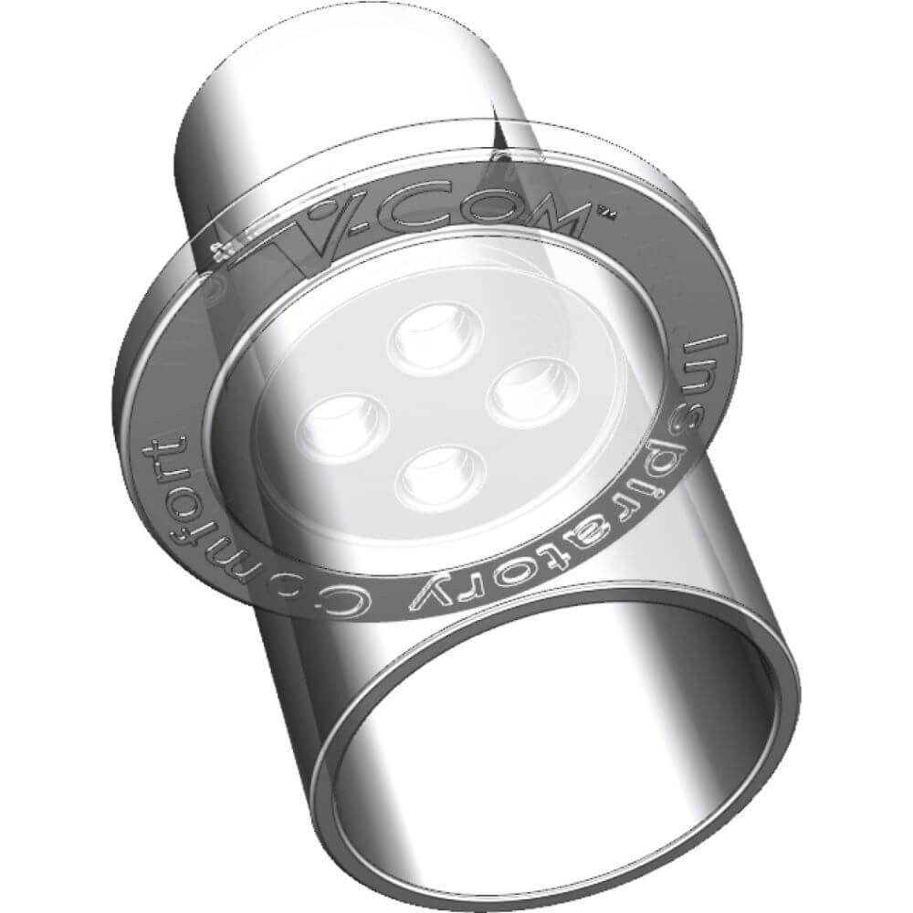 Tilted view of SleepRes V-Com CPAP hose adapter with V-Com lettering and four hole flow plate visible