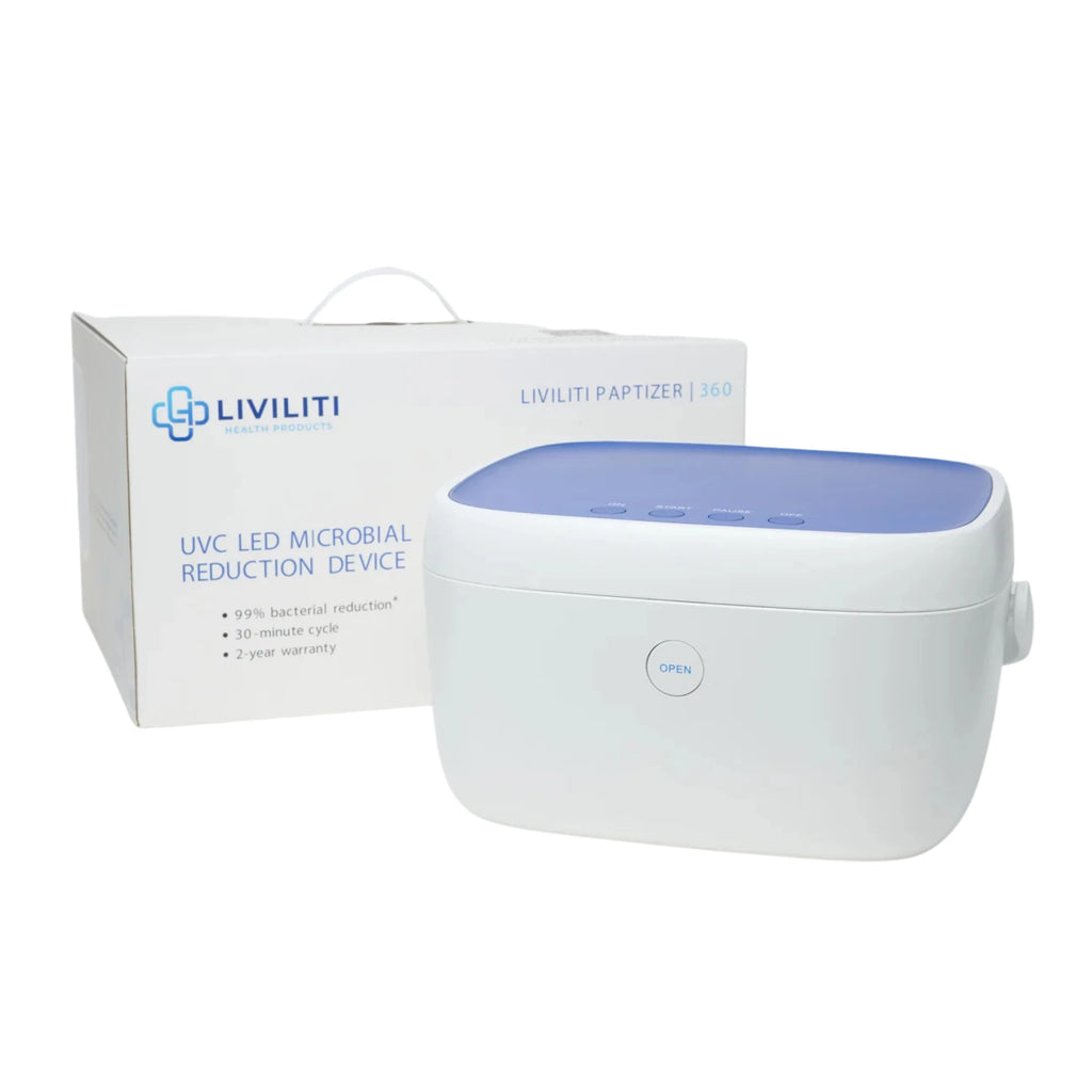 Liviliti Paptizer 360 UVC LED CPAP sanitizer beside its retail box on a white background