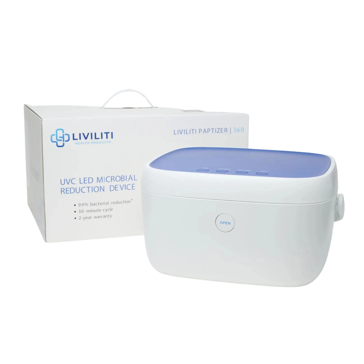 Liviliti Paptizer 360 UVC LED CPAP sanitizer beside its retail box on a white background