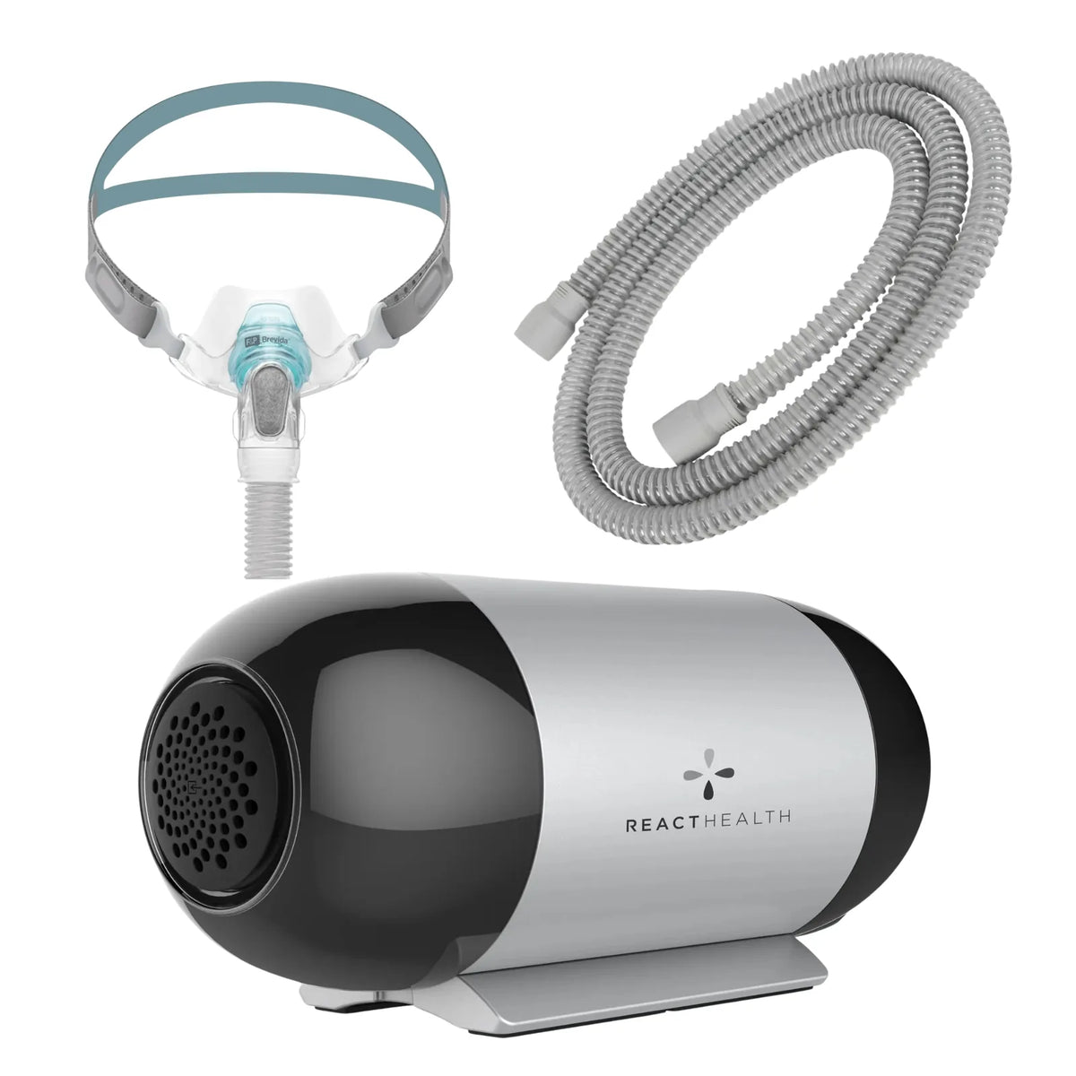 React Health Luna TravelPAP travel CPAP machine bundled with the F&P Brevida Nasal Pillow mask