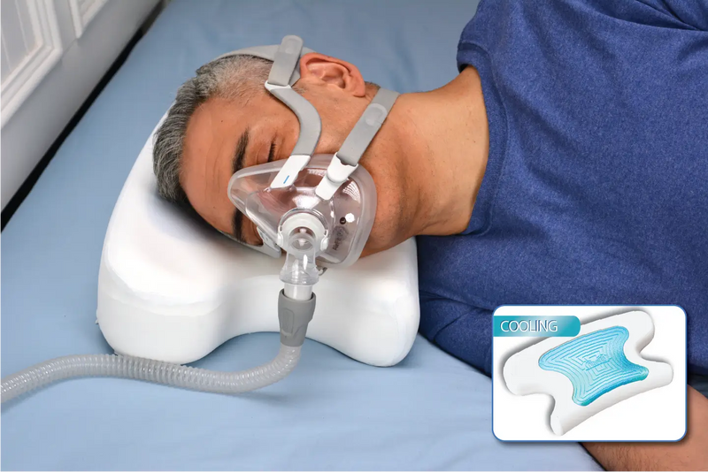 man using a CoolPAP Pillow Contour with cpap mask