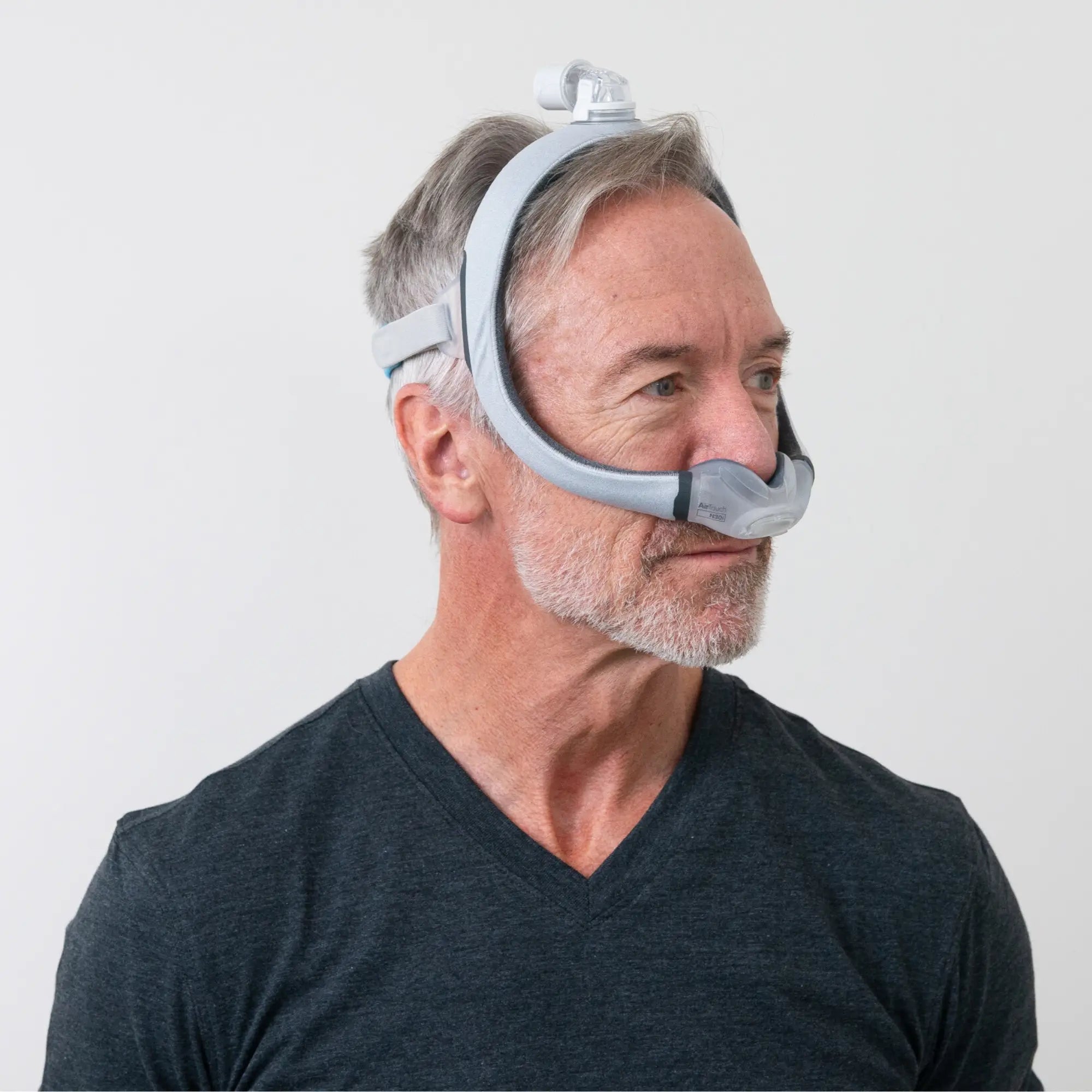 man using the ResMed AirTouch N30i Nasal CPAP Mask side view sleeplay copyright