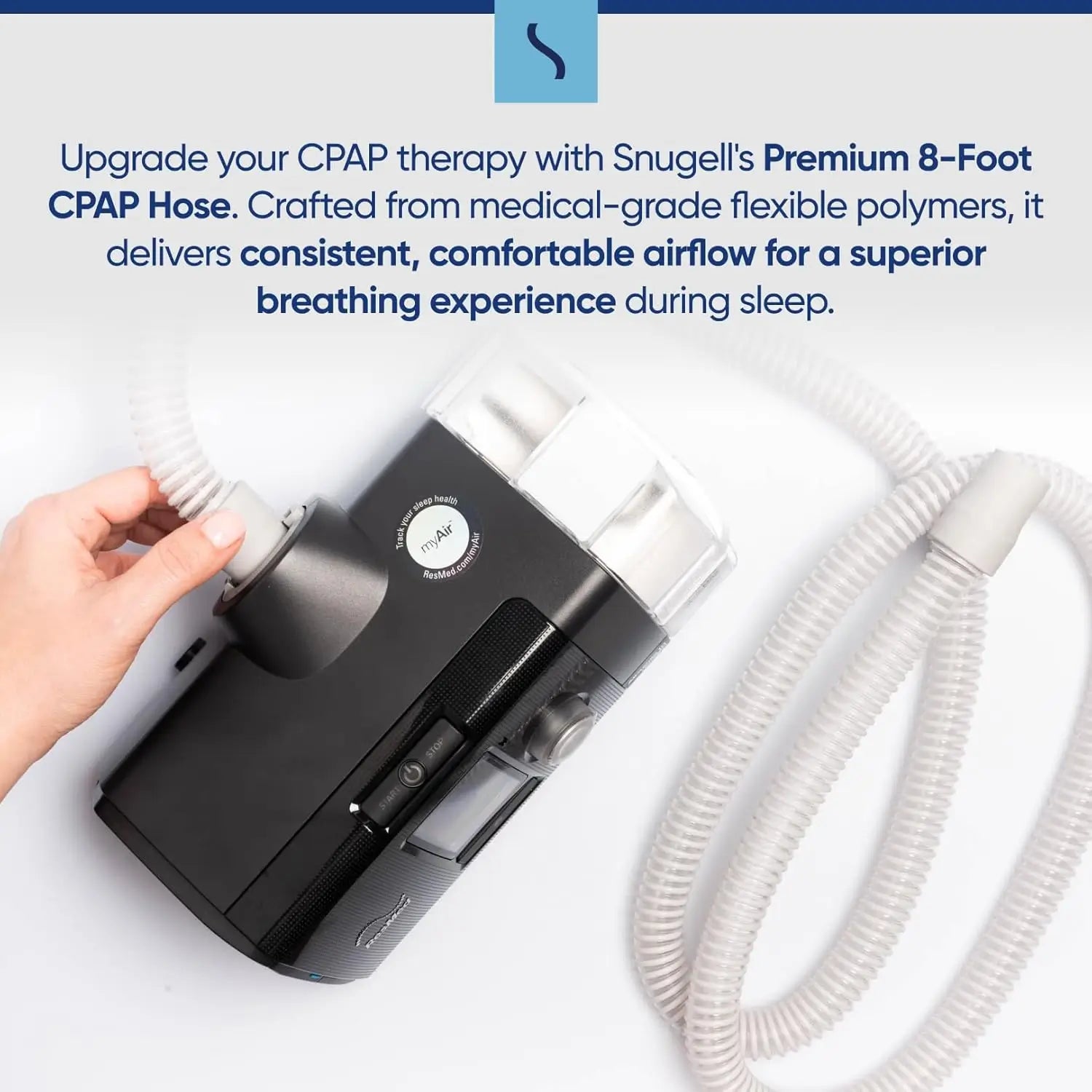 Snugell 8 foot CPAP hose infographic: medical grade flexible tubing attached to a CPAP machine for consistent airflow