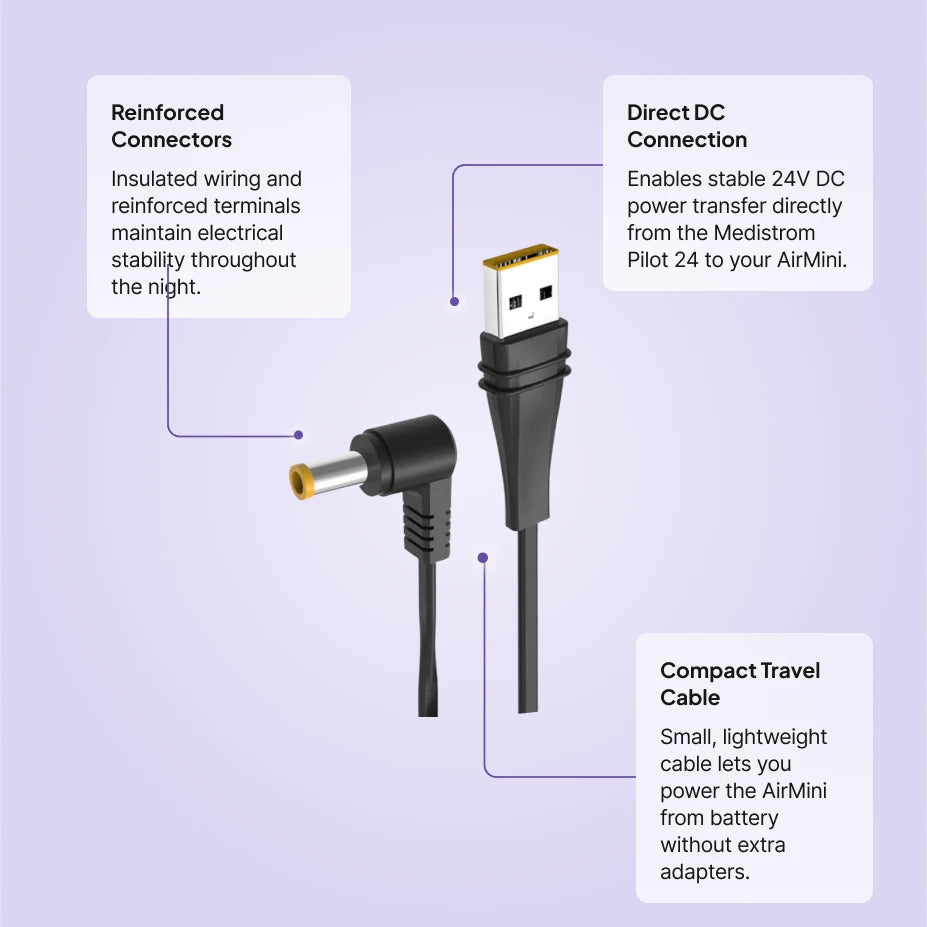 Medistrom Pilot 24 AirMini DC output cable features: reinforced connectors, stable 24V DC to AirMini, compact travel cable