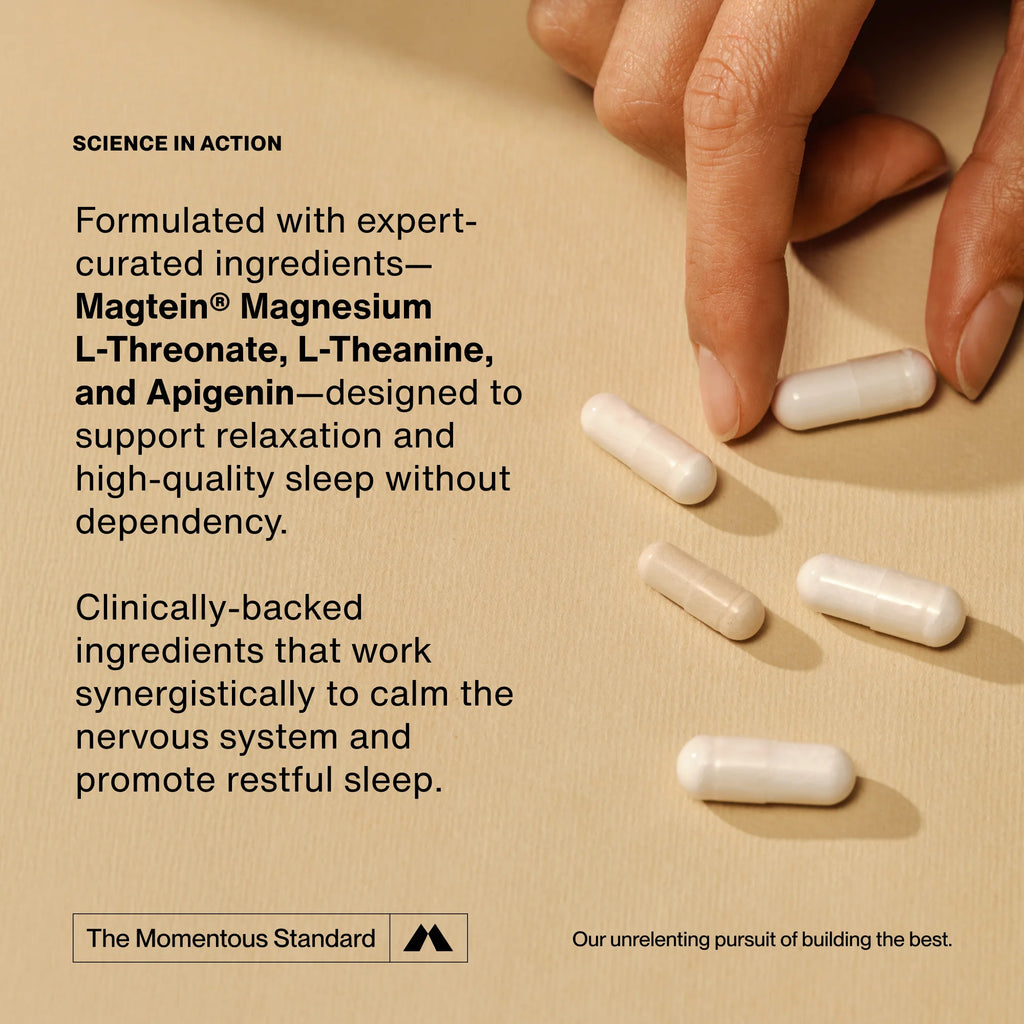 Hand holding white capsules beside infographic showing Magtein, L-Theanine, and Apigenin sleep supplement ingredients