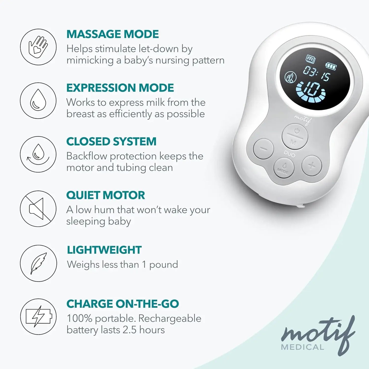 Feature table displaying the Motif Duo Double Electric Breast Pump’s options including Massage, Expression, and Memory modes