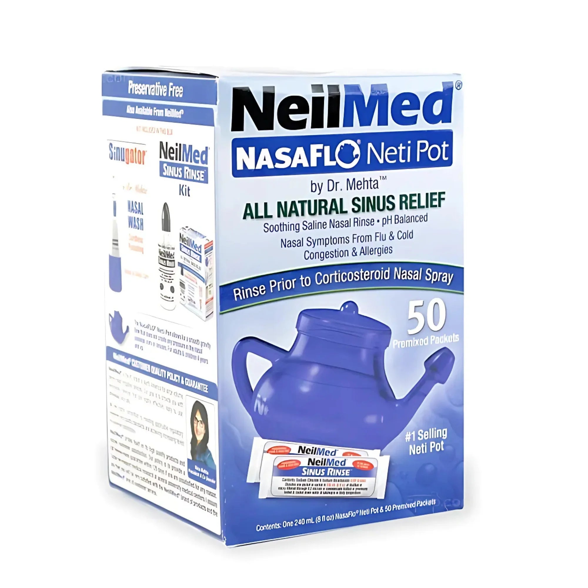 NeilMed NasaFlo Neti Pot blue retail box labeled All Natural Sinus Relief with 50 premixed saline packets included