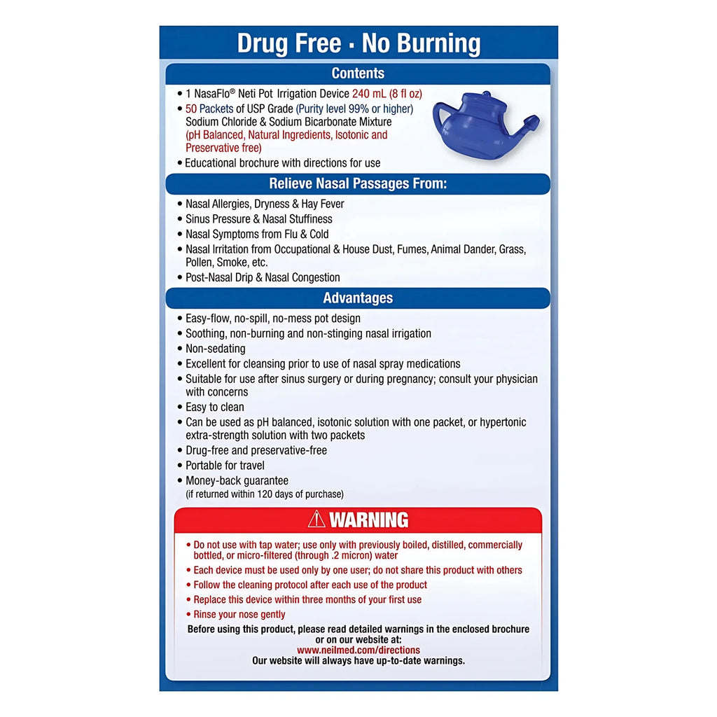 NeilMed NasaFlo neti pot instruction panel — Drug Free No Burning, usage directions, contents, and safety warnings