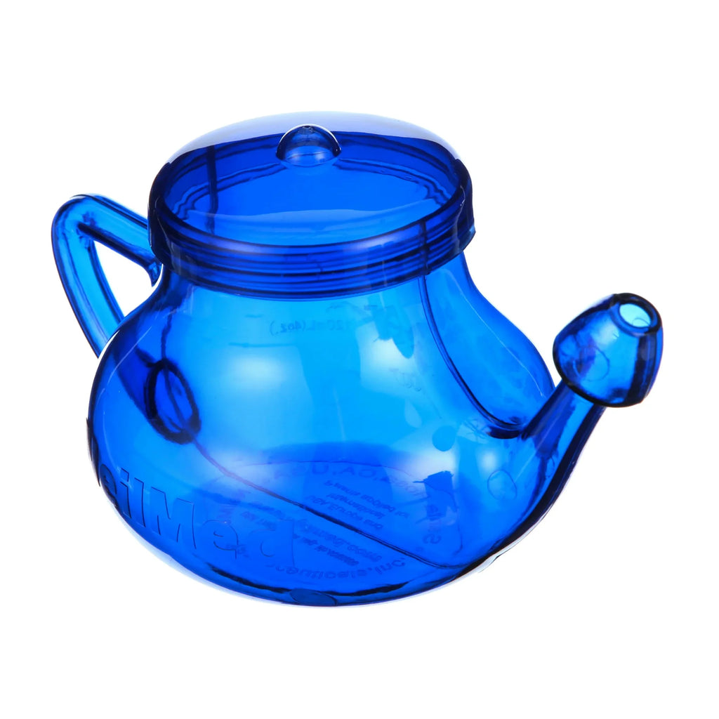 Translucent blue NeilMed NasaFlo neti pot with handle and spout for drug-free nasal rinse relief