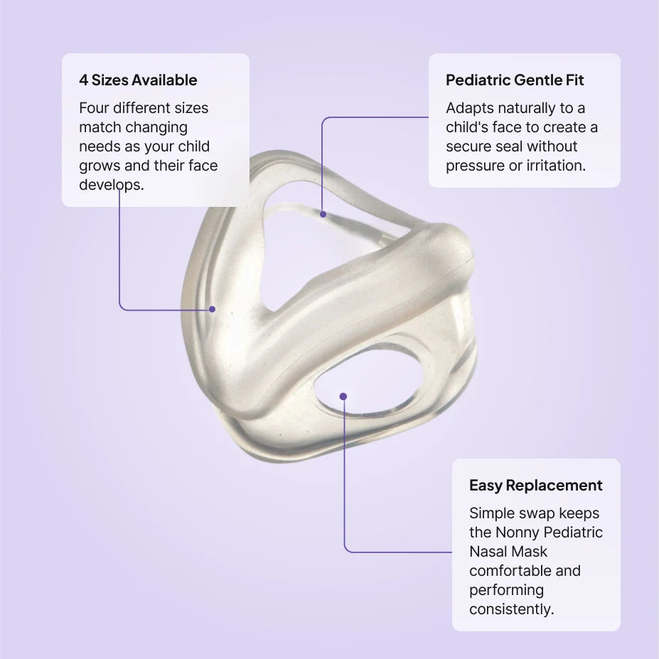 Nonny Pediatric Nasal CPAP replacement cushion features: 4 sizes for growing children, gentle pediatric fit, easy cushion swap for consistent performance.