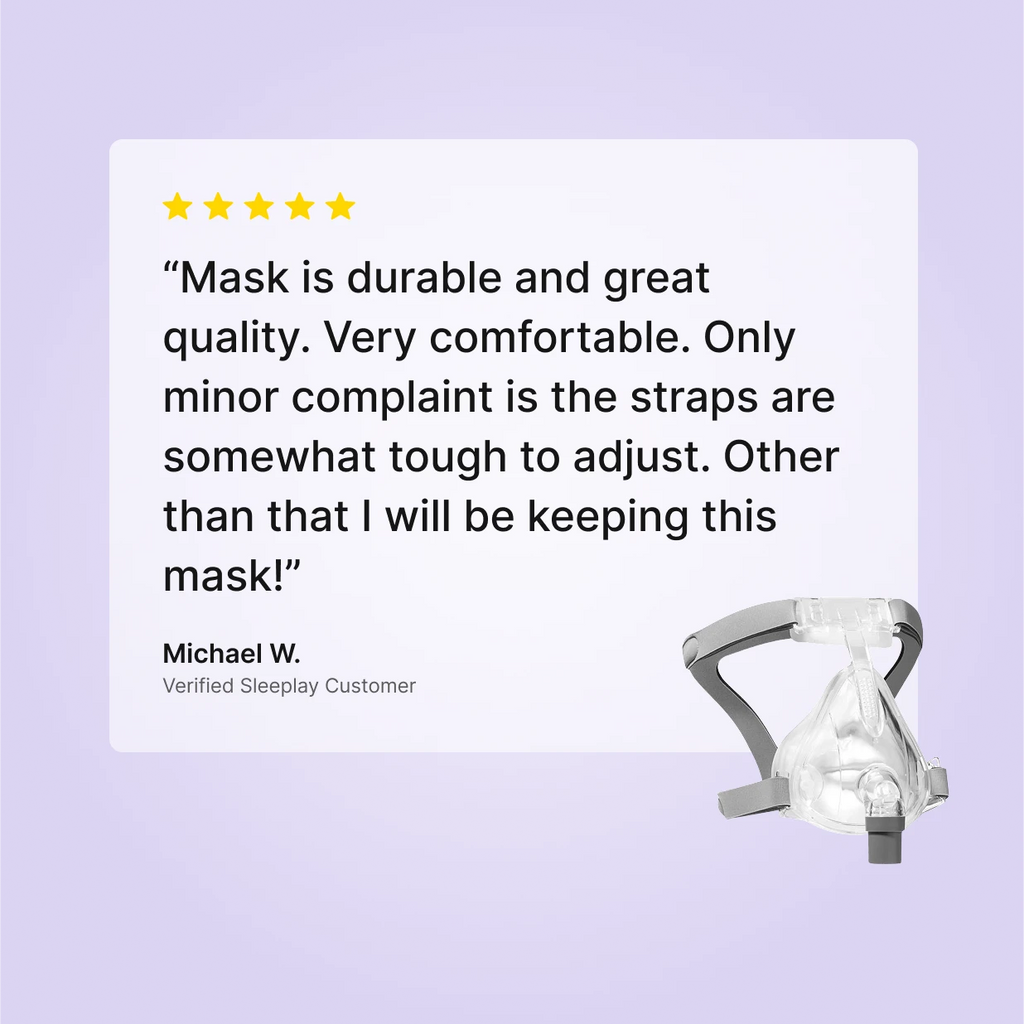 Five-star Sleeplay customer review praising the Numa full face CPAP mask for durability and comfort
