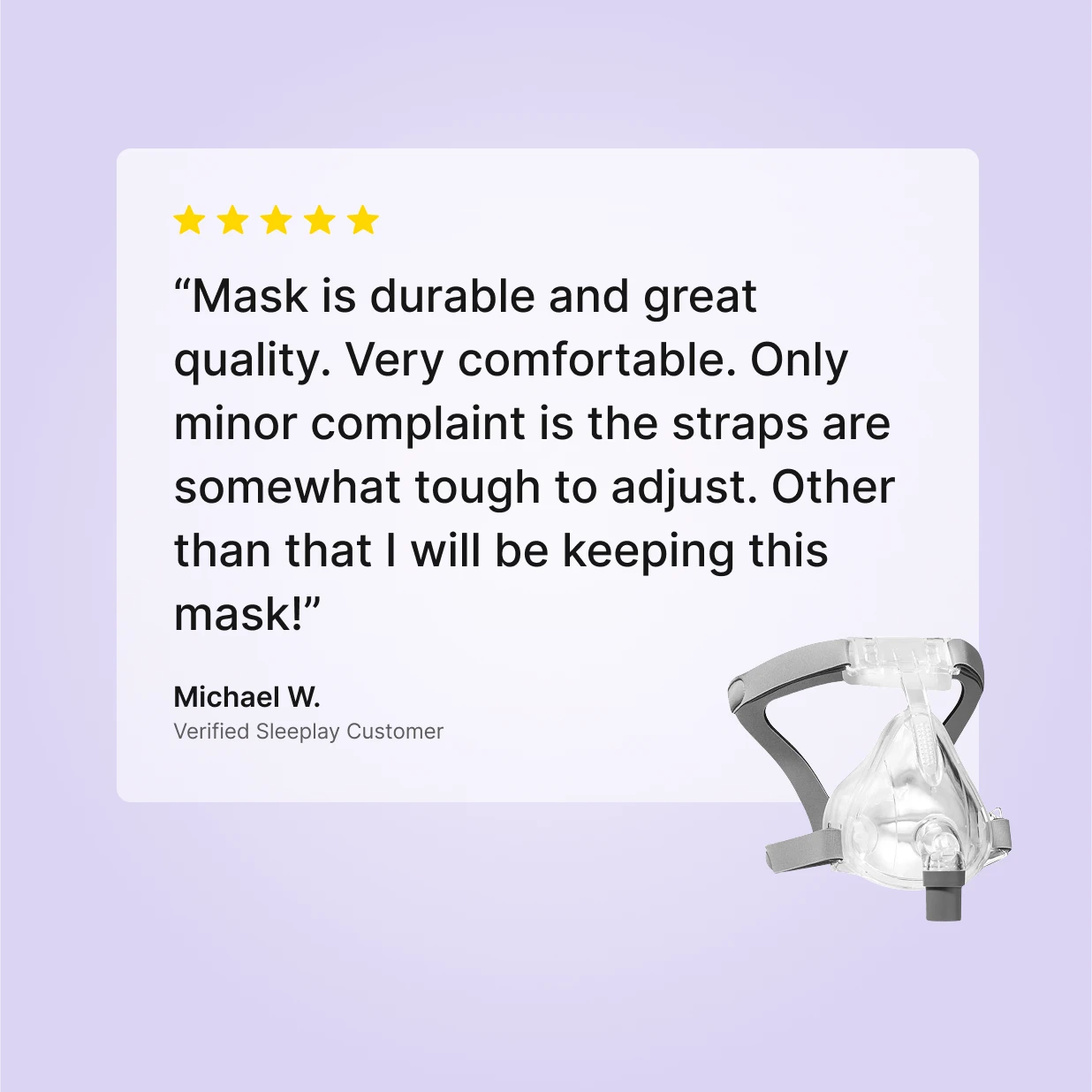 Five-star Sleeplay customer review praising the Numa full face CPAP mask for durability and comfort