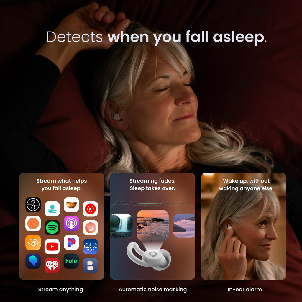 Ozlo app and Smart Case tracking bedroom noise and sleep stages with Ozlo Sleepbuds 2