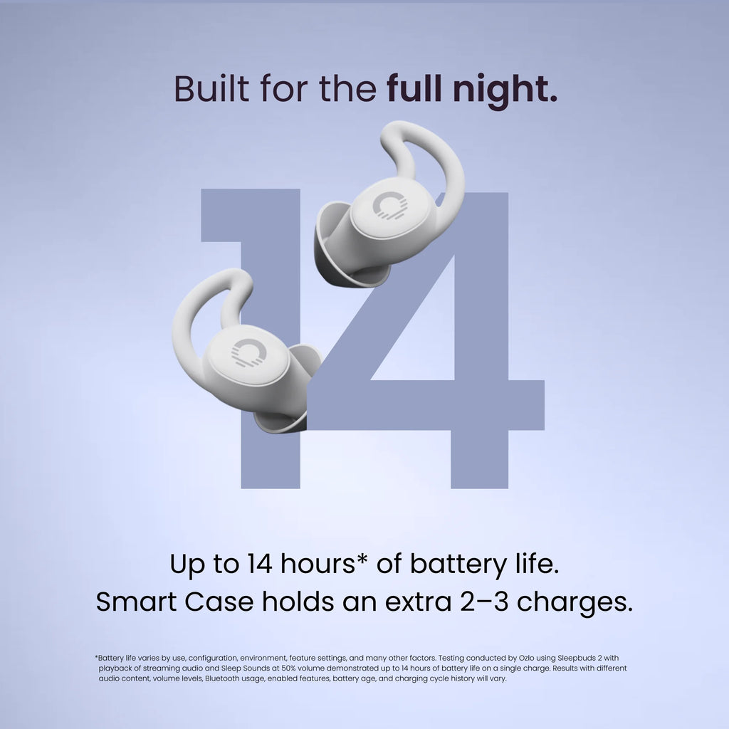 Ozlo Sleepbuds 2 with up to 14 hours of battery life; the Smart Case holds 2 to 3 extra charges