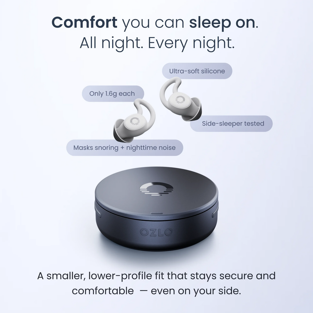 Ozlo Sleepbuds 2 earbuds, 1.6 g each with ultra soft silicone, side sleeper tested, above the Smart Case