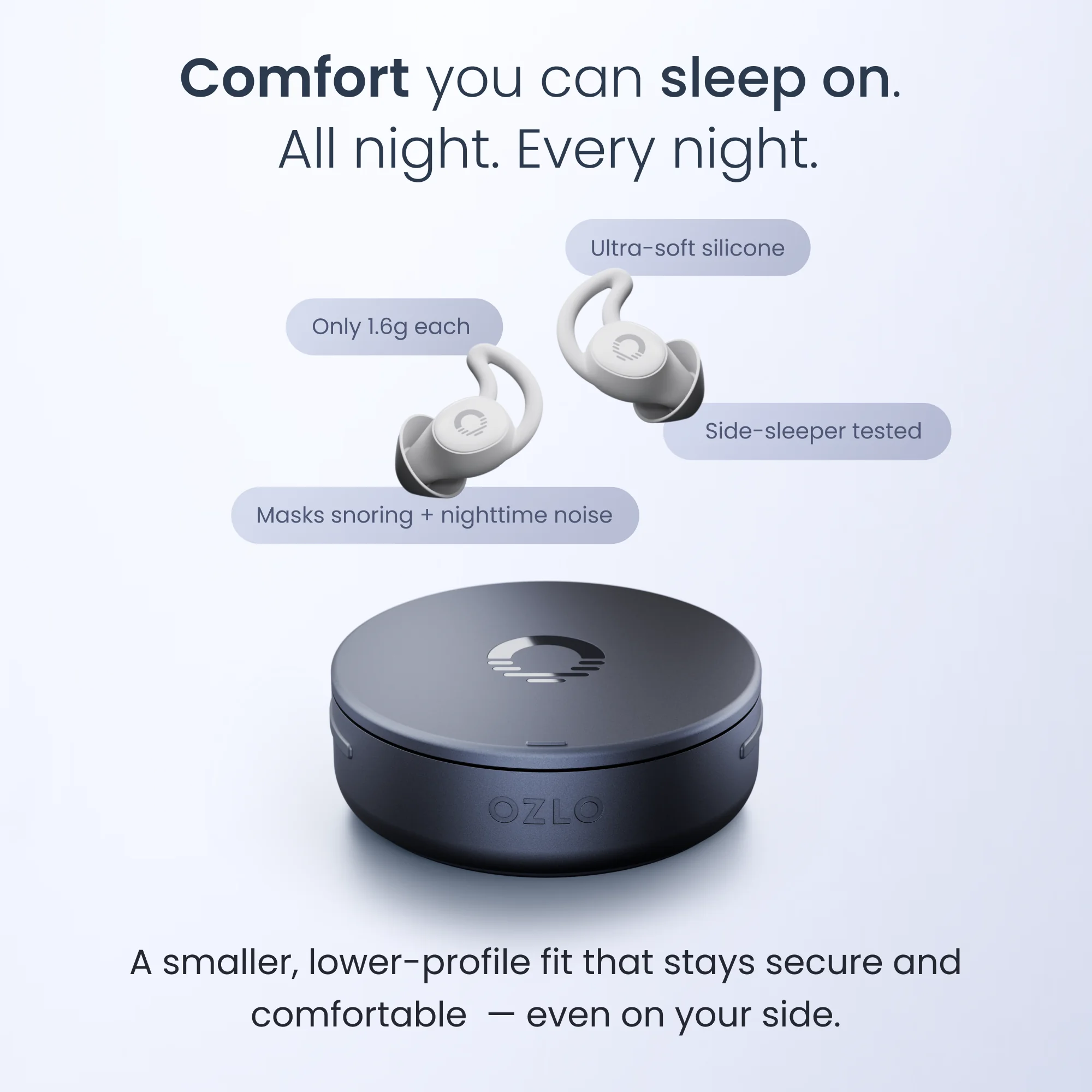Ozlo Sleepbuds 2 earbuds, 1.6 g each with ultra soft silicone, side sleeper tested, above the Smart Case