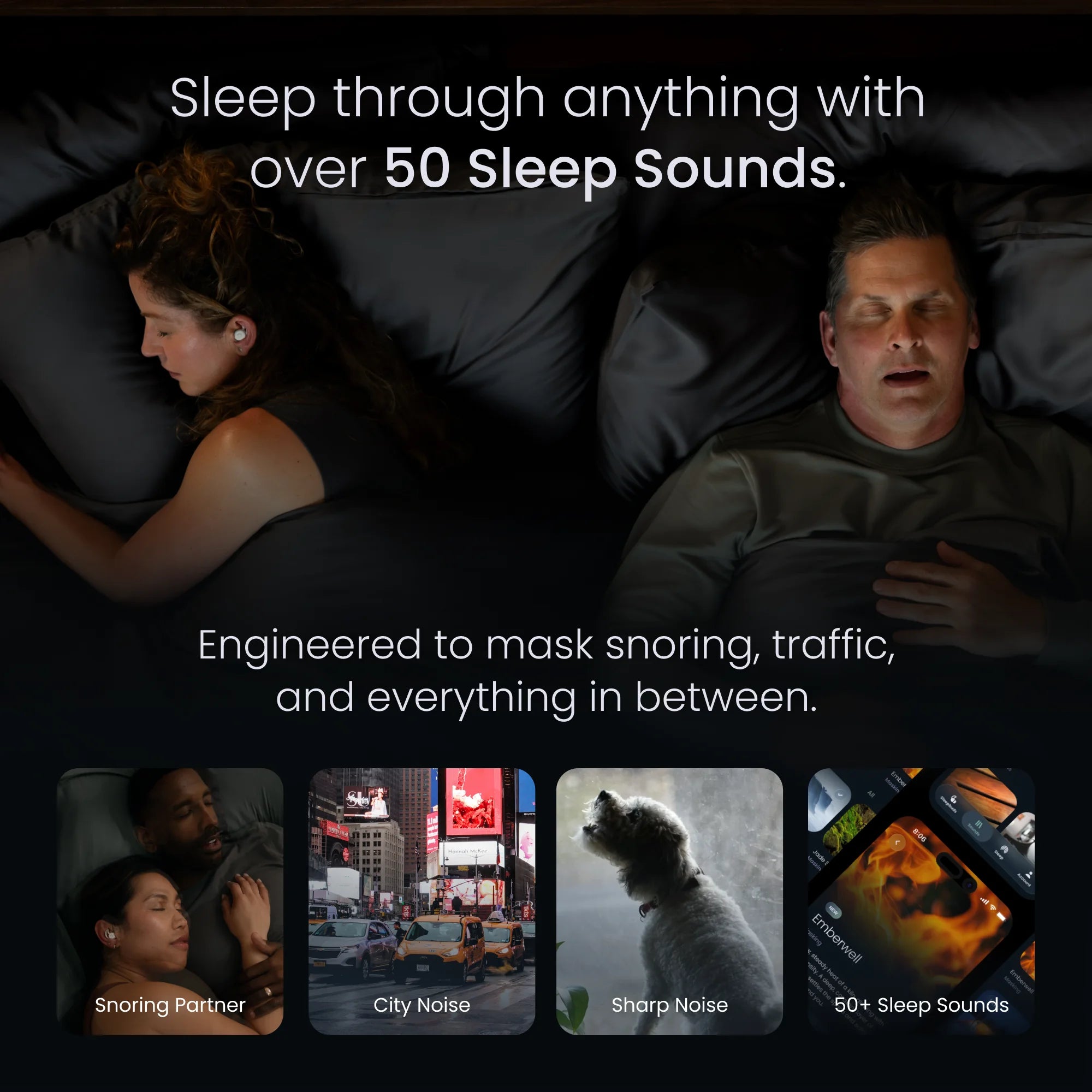 Couple in bed using Ozlo Sleepbuds 2 to mask a snoring partner with over 50 sleep sounds