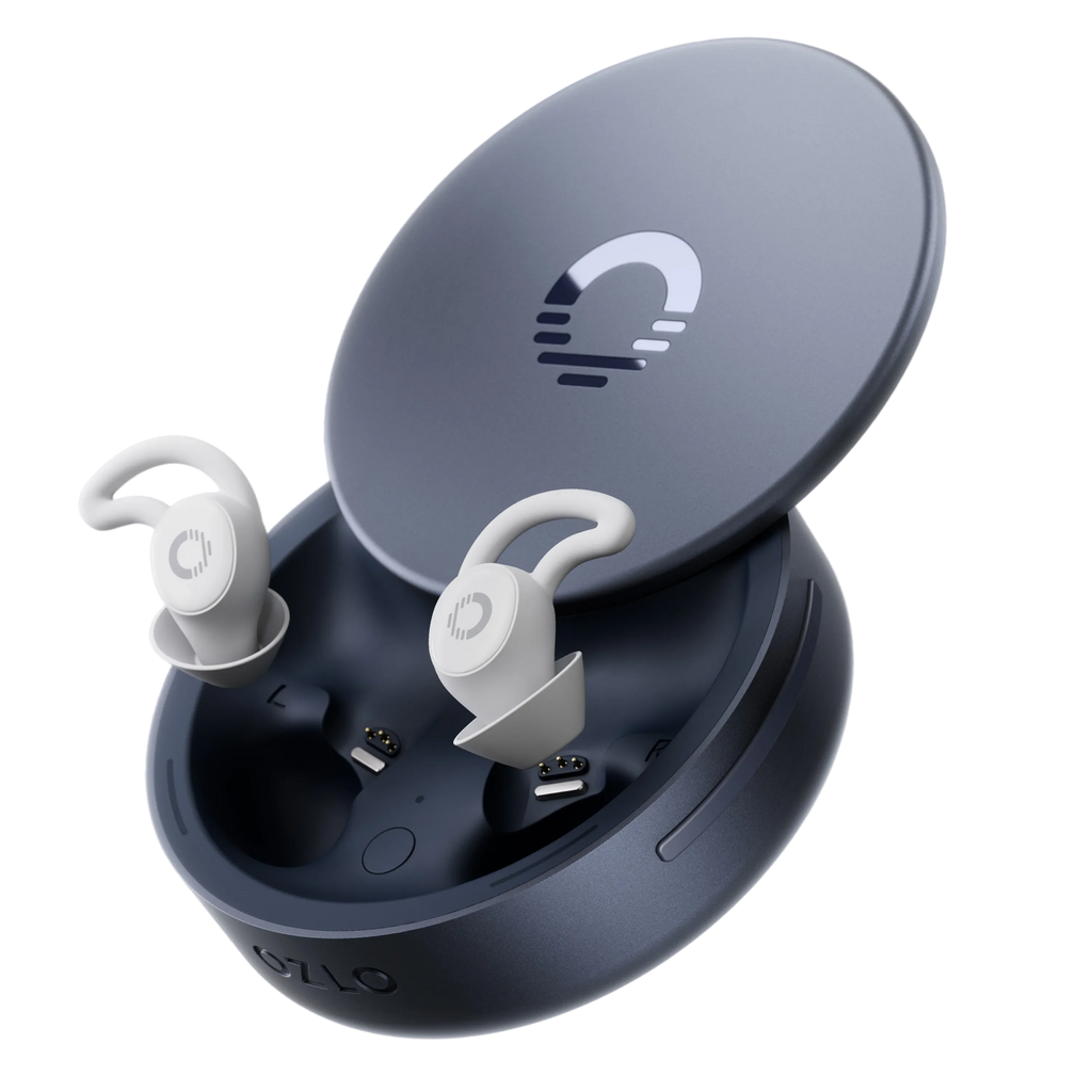 Ozlo Sleepbuds 2 white sleep earbuds in open navy charging Smart Case with Ozlo logo