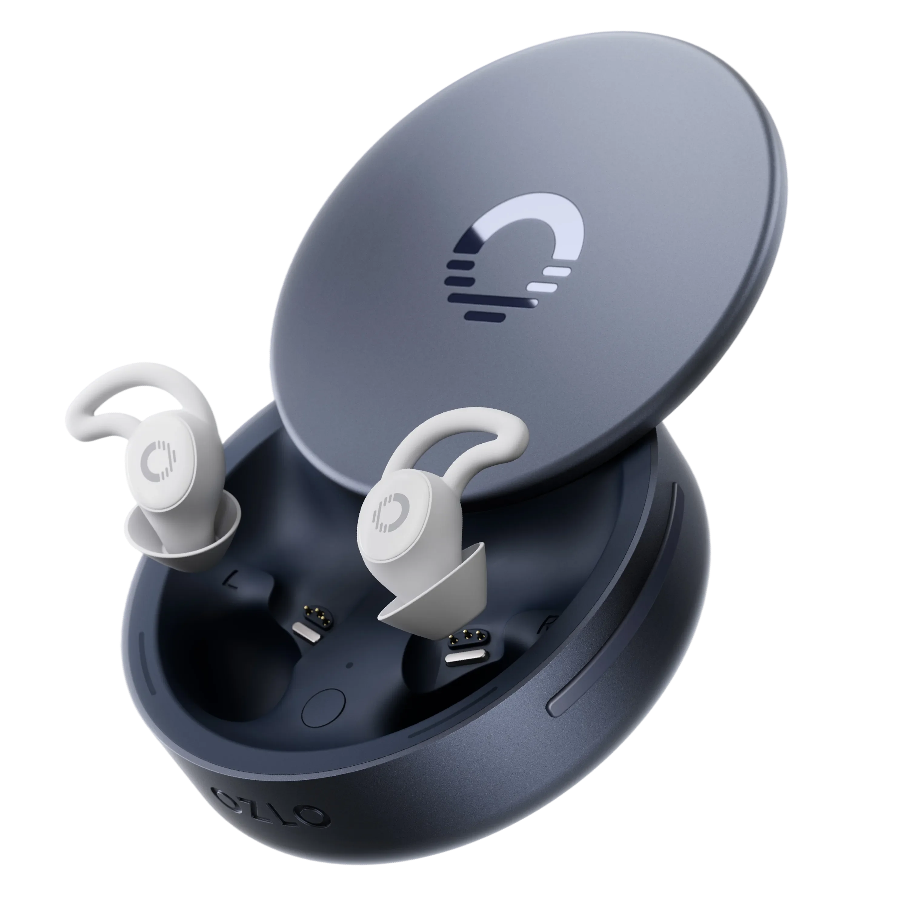 Ozlo Sleepbuds 2 white sleep earbuds in open navy charging Smart Case with Ozlo logo