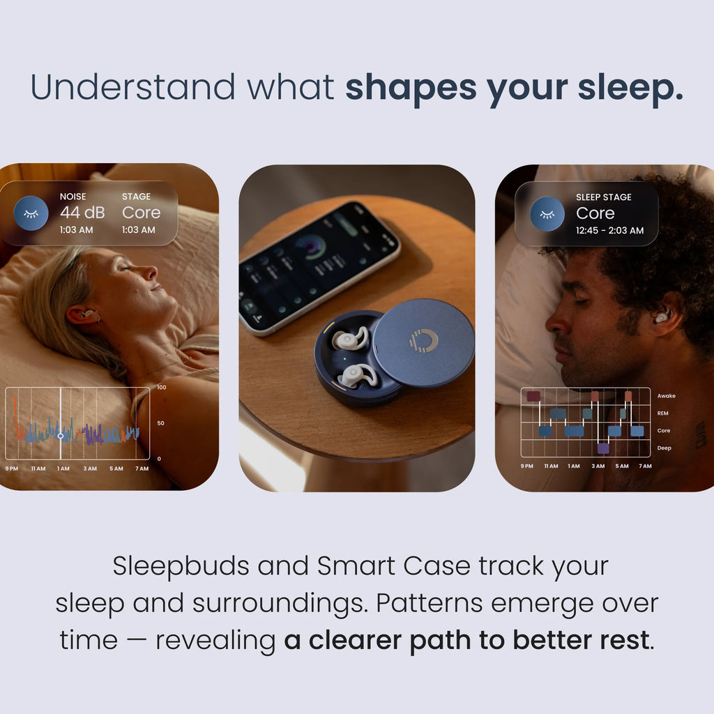 Ozlo Sleepbuds 2 box contents: earbuds, charging Smart Case, silicone tips in 4 sizes, USB C cable