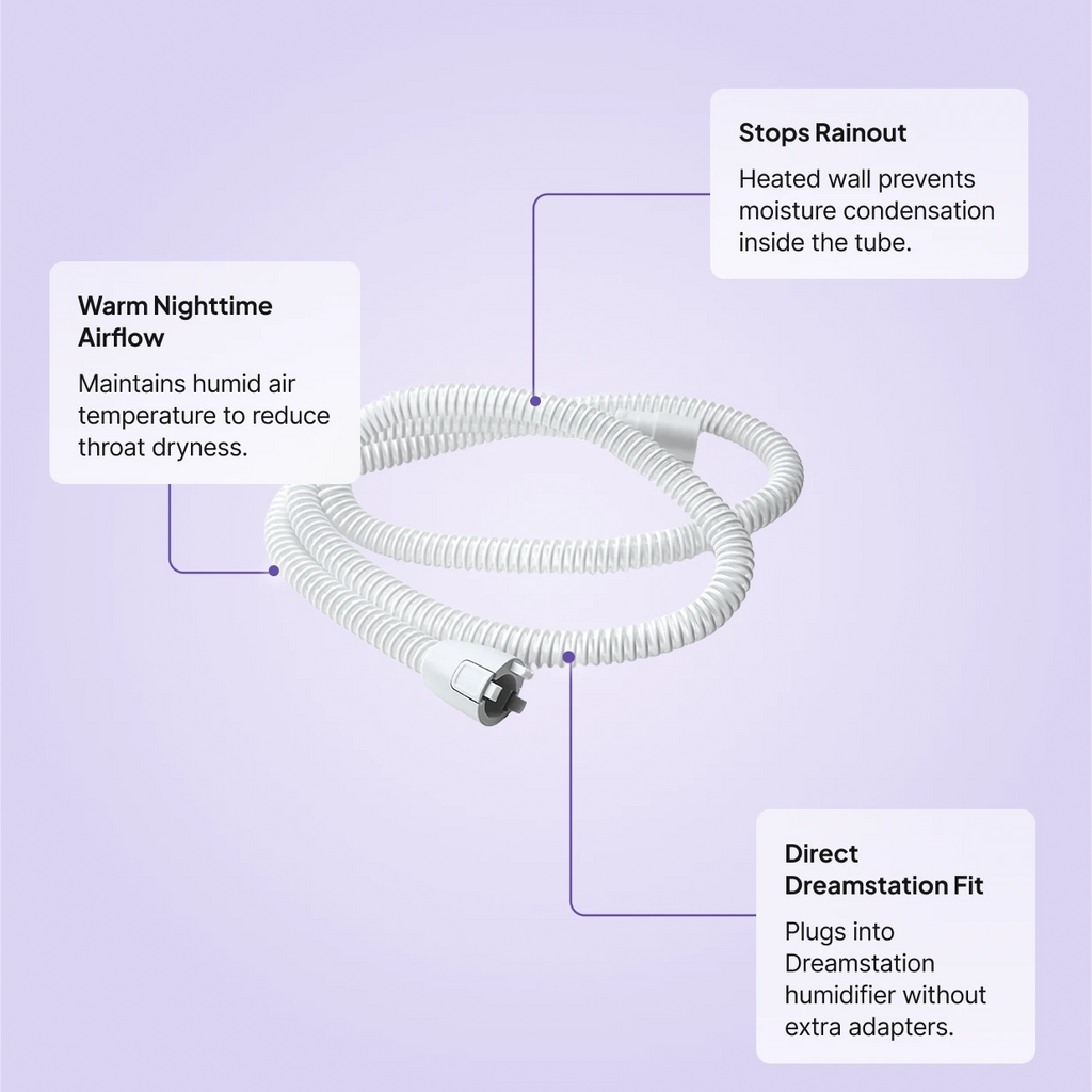 Philips Respironics Dreamstation heated tubing: maintains warm humid airflow to reduce throat dryness, stops rainout condensation, direct plug-in fit for Dreamstation.