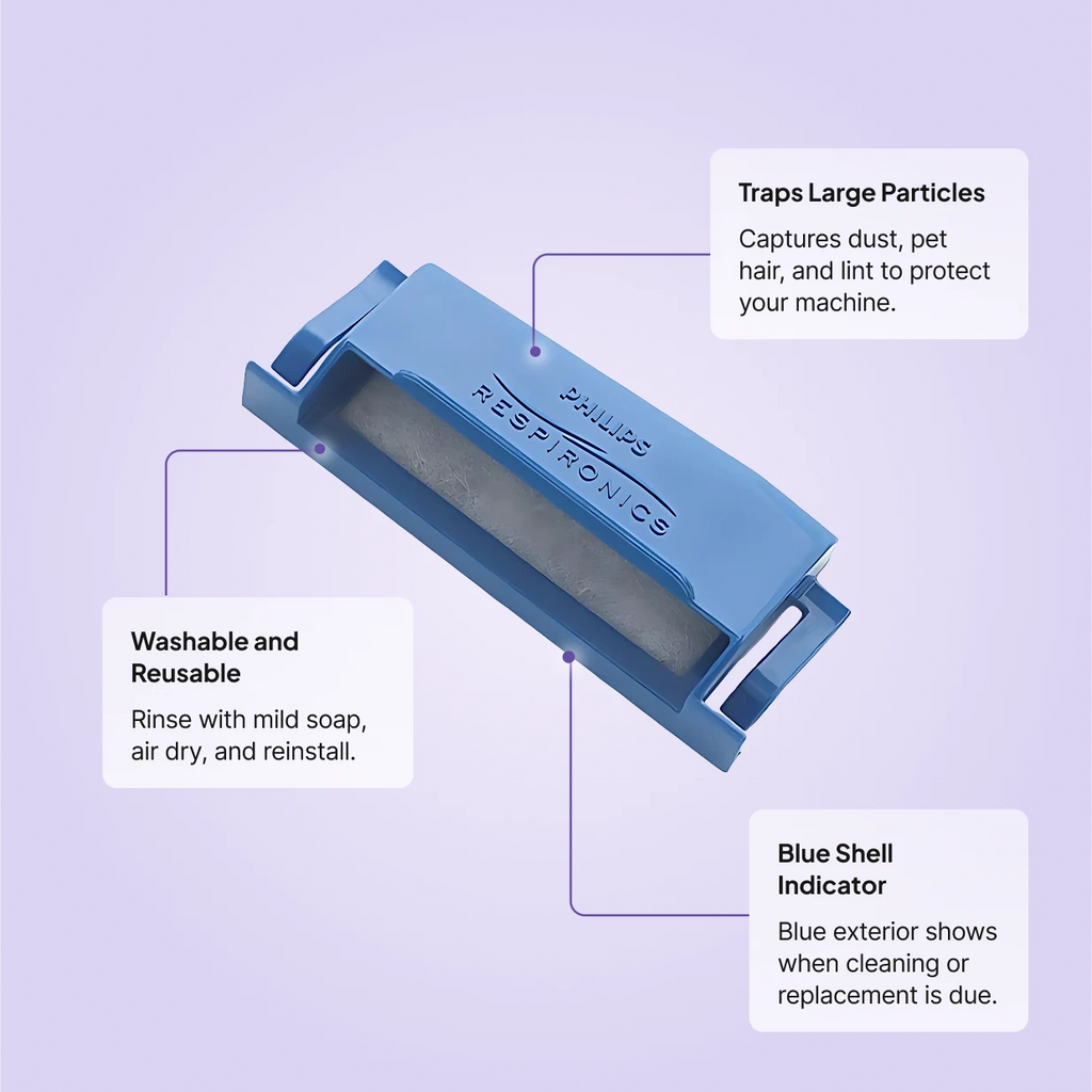 Philips Respironics DreamStation Reusable Foam Filter: traps large particles, washable and reusable, blue shell indicates cleaning or replacement.