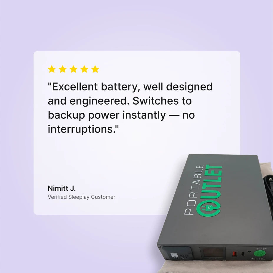 Five-star Sleeplay customer review of the Portable Outlet X9 CPAP battery backup.
