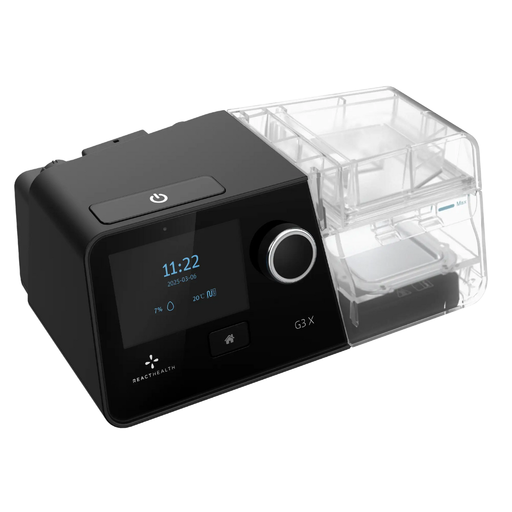 Side view of the React Health G3 X Auto-CPAP Machine with Heated Humidifier