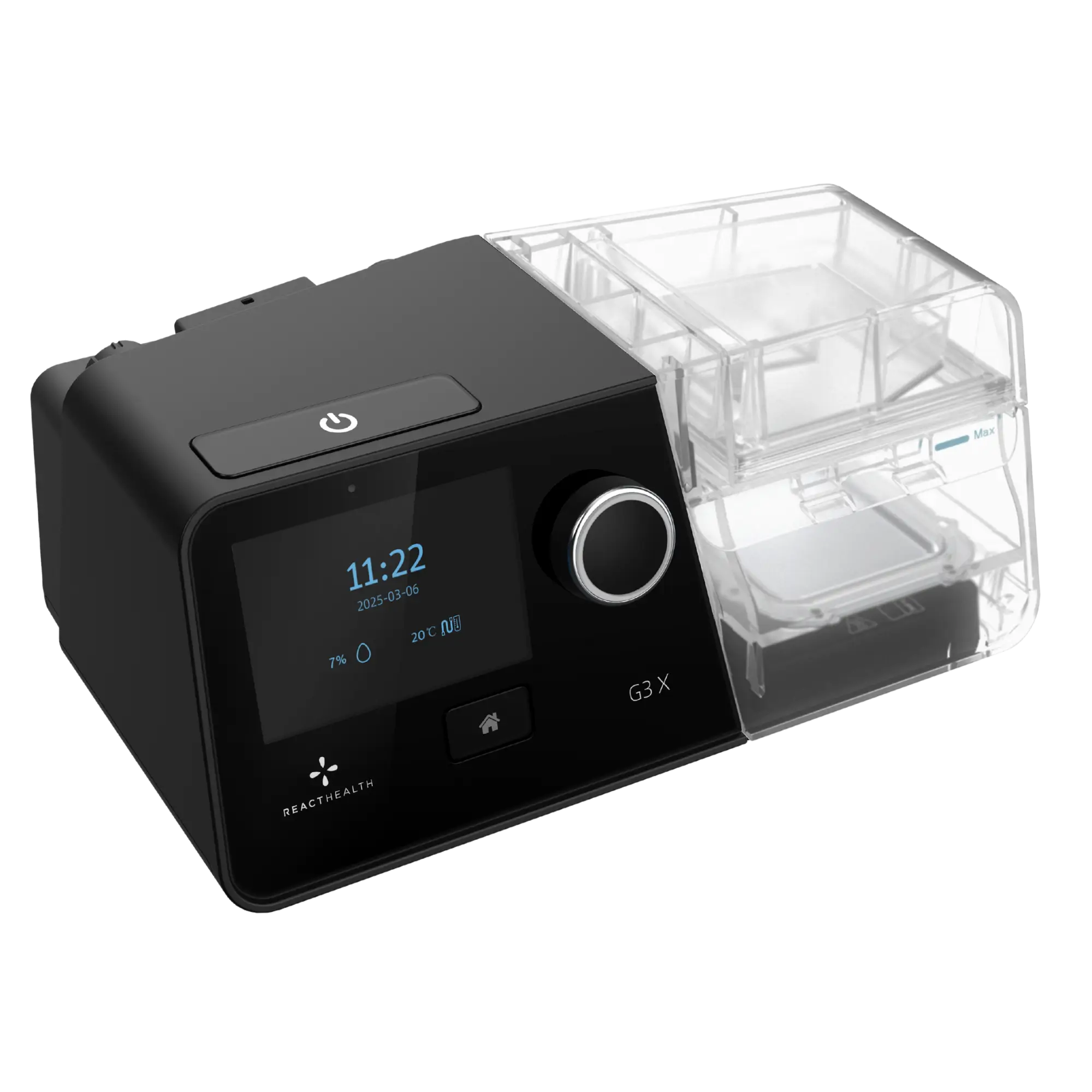 Side view of the React Health G3 X Auto-CPAP Machine with Heated Humidifier