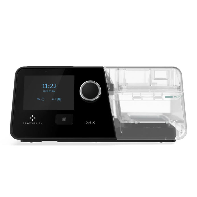 React Health G3 X Auto-CPAP machine, front view showing color screen, dial, and clear humidifier chamber