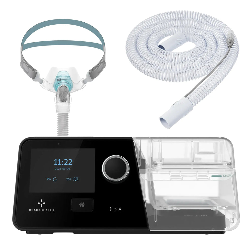 React Health G3 X Auto-CPAP machine with heated tube and F&P Brevida nasal pillow mask