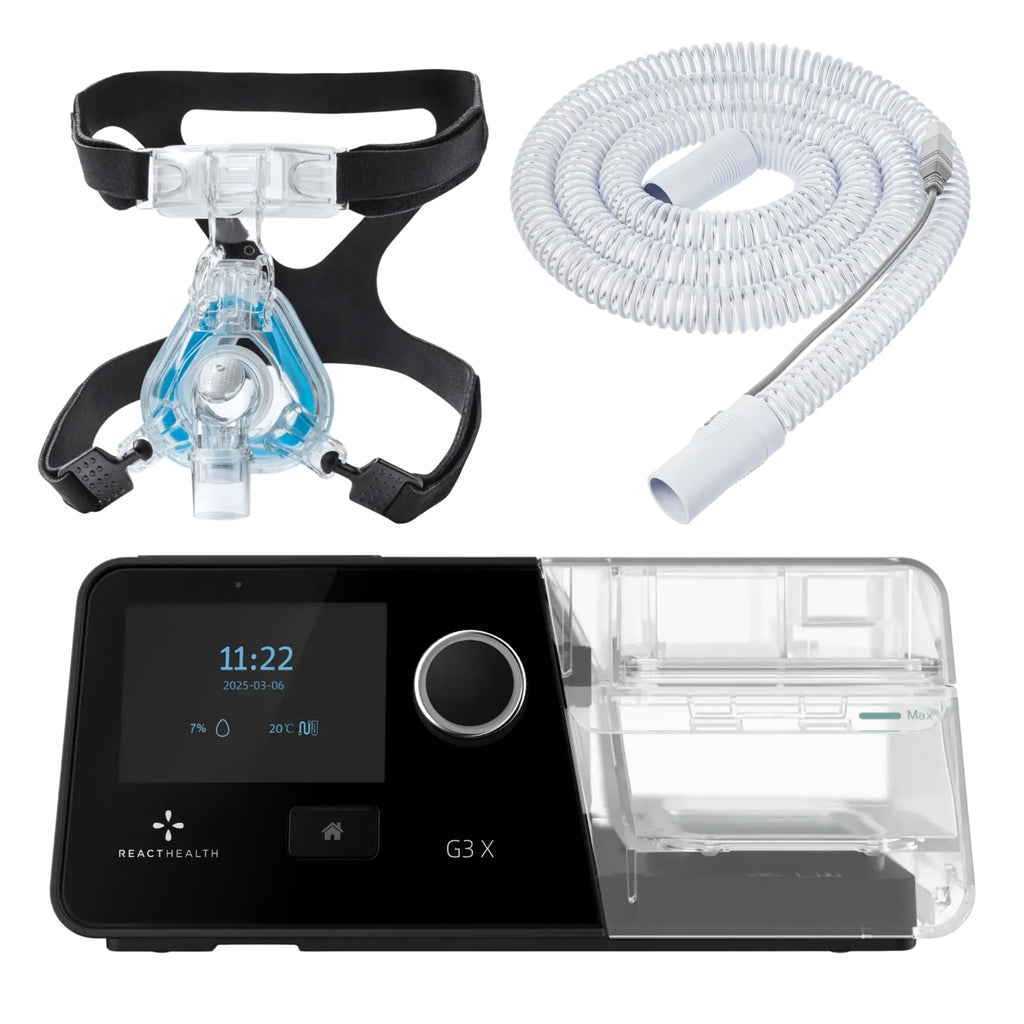 React Health G3 X Auto-CPAP machine, coiled heated tube, and ComfortGel Blue nasal mask with black headgear