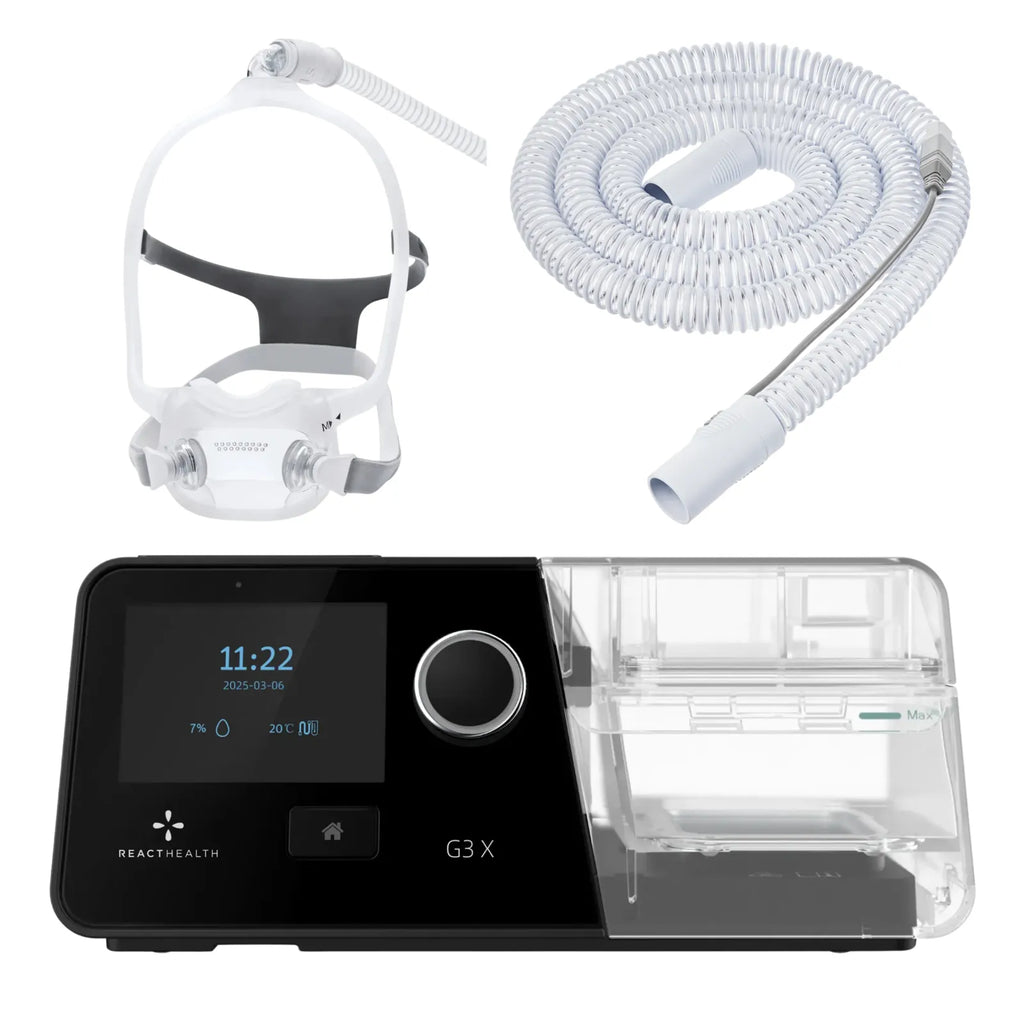 React Health G3 X Auto-CPAP machine with DreamWear full face mask, under-nose cushion visible, and heated tube