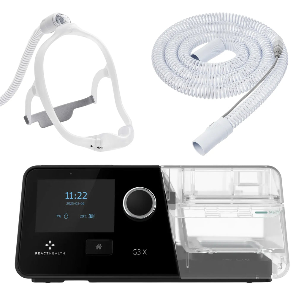 React Health G3 X Auto-CPAP machine with DreamWear nasal cradle cushion mask and coiled heated tube