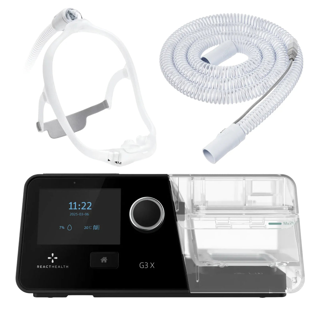React Health G3 X Auto-CPAP machine with DreamWear silicone nasal pillows mask, front view, and heated tube