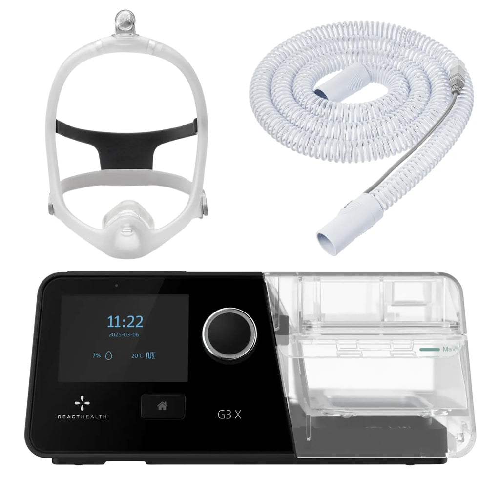 React Health G3 X Auto-CPAP machine with DreamWisp nasal mask, top-of-frame tube connector, and heated tubing