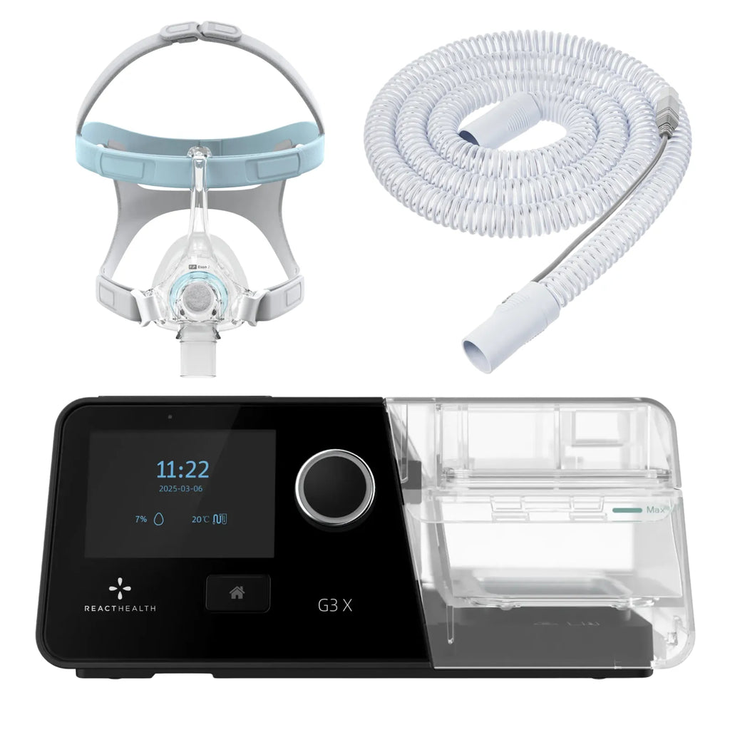 React Health G3 X Auto-CPAP machine with F&P Eson 2 nasal mask, light blue headgear, and heated tube