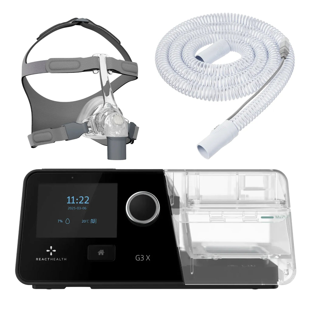 React Health G3 X Auto-CPAP machine with F&P Eson nasal mask, gray headgear side view, and heated tube