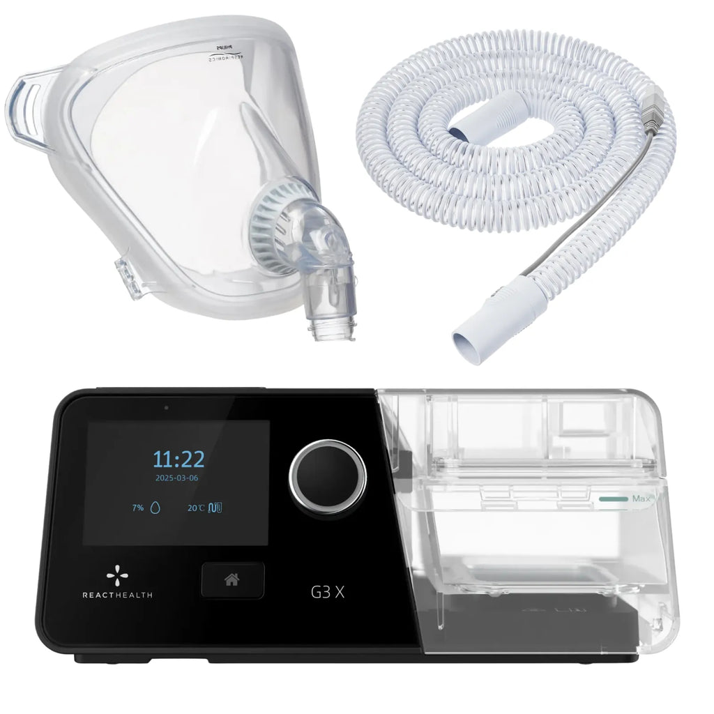 React Health G3 X Auto-CPAP machine with clear FitLife total face mask and coiled heated tube