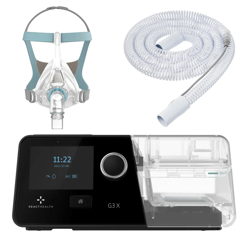 React Health G3 X Auto-CPAP machine with F&P Vitera full face mask, blue-gray headgear, and heated tube