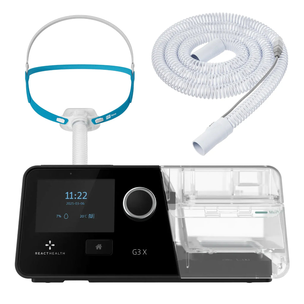 React Health G3 X Auto-CPAP machine with minimal F&P Nova Micro nasal pillows mask and heated tube